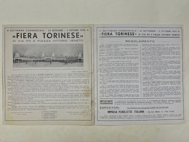 V Settimana Commerciale Fiera torinese di via Po e Piazza Vittorio Veneto, 3 ottobre 1932 (Pieghevole)